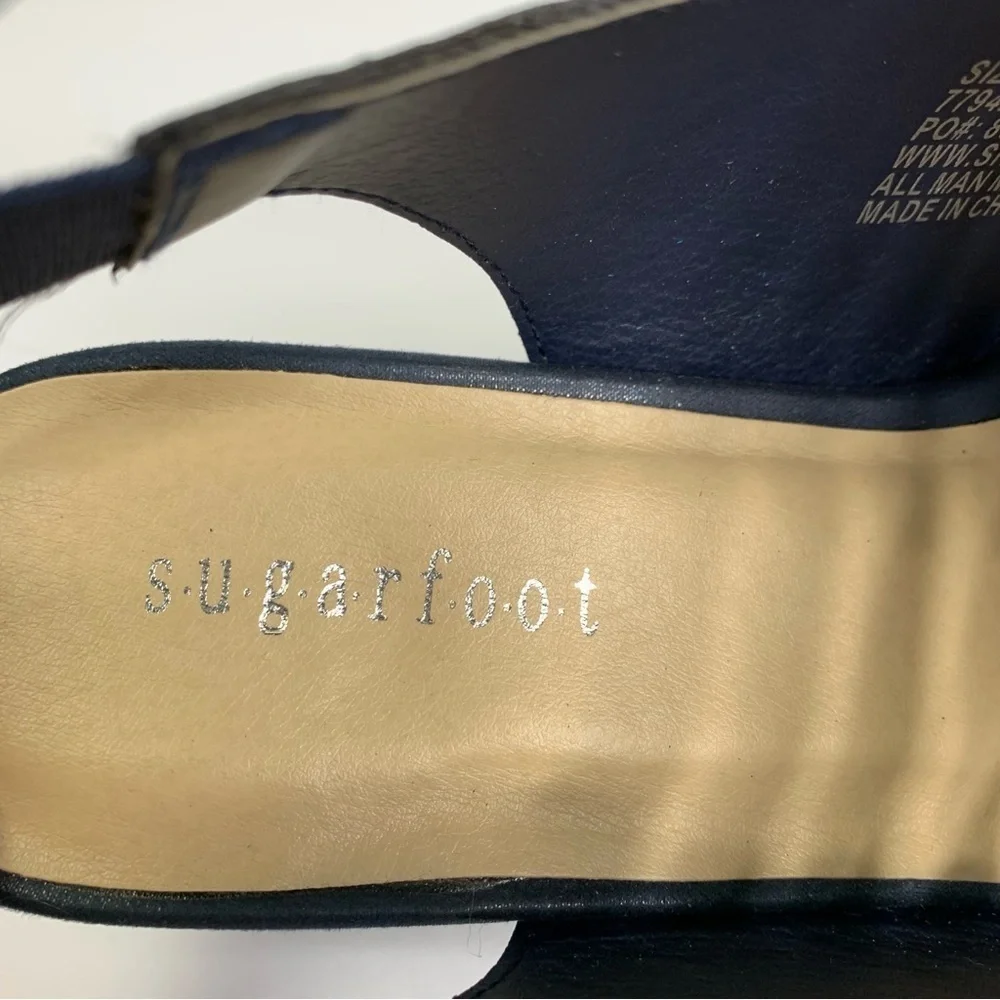 Sugarfoot New Navy Cut Out Open Toe Slingback 2” heeled Career Sandals Size 8.5